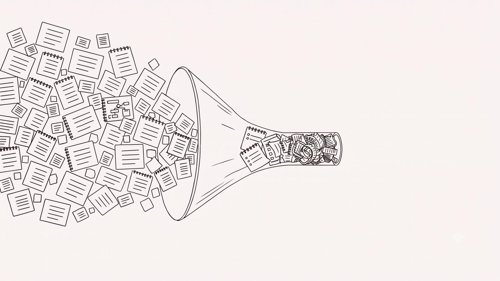 Many note pages narrowing through a funnel into a compressed bundle of notes