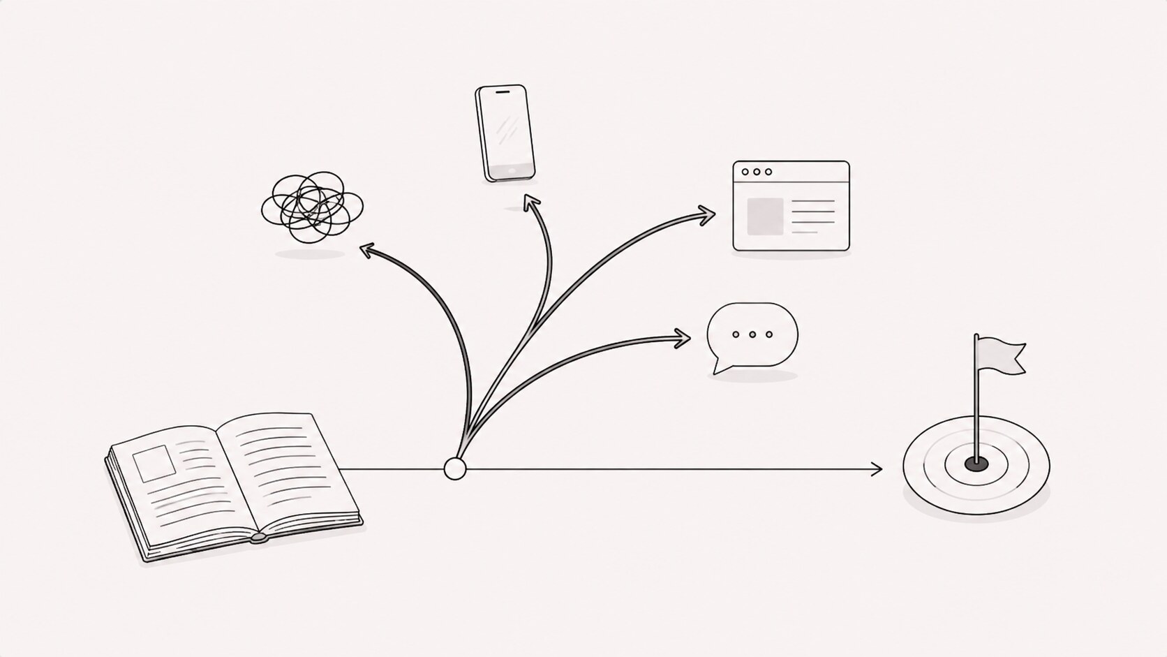 Open study book with paths branching toward distractions and a direct line to a target