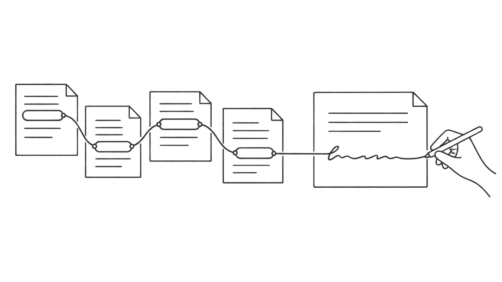 Line drawing of four source documents connected into a literature review synthesis