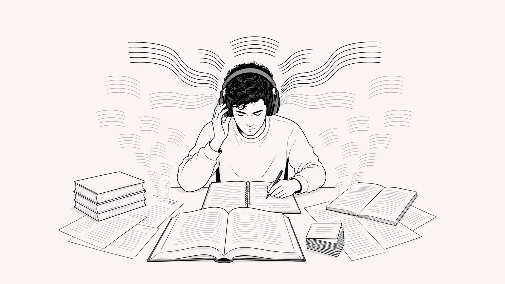 A student wearing headphones studies among open books and notes