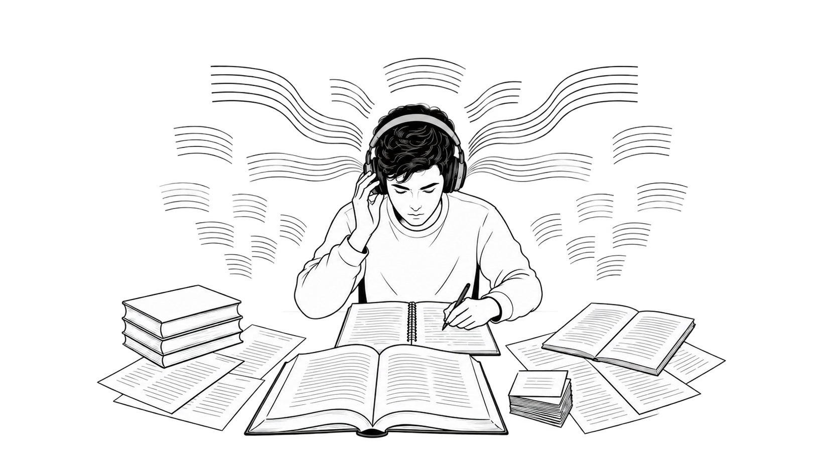 A student wearing headphones studies among open books and notes