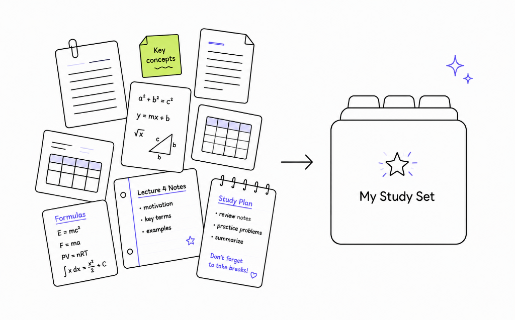 Study materials including notes, formulas, tables, and handwritten pages organized into one study set.