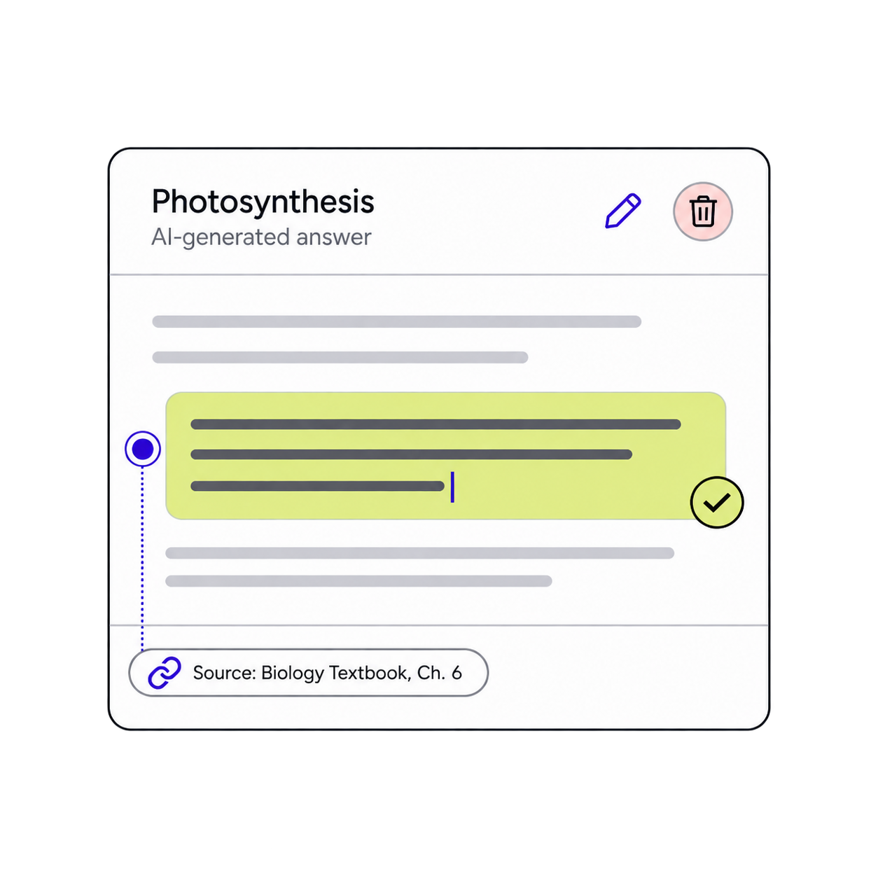 An editable AI-generated answer with approval controls and a linked source.