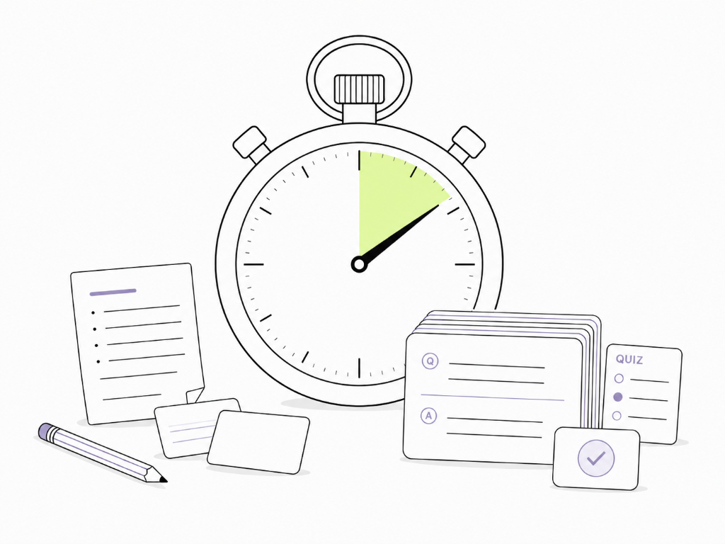 Stopwatch with study notes and ready-made active recall cards showing saved exam prep time.