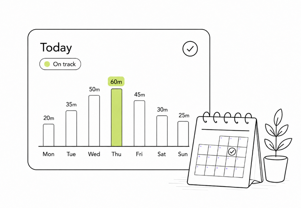 Personalized study dashboard showing today’s study time, progress, and a review calendar.