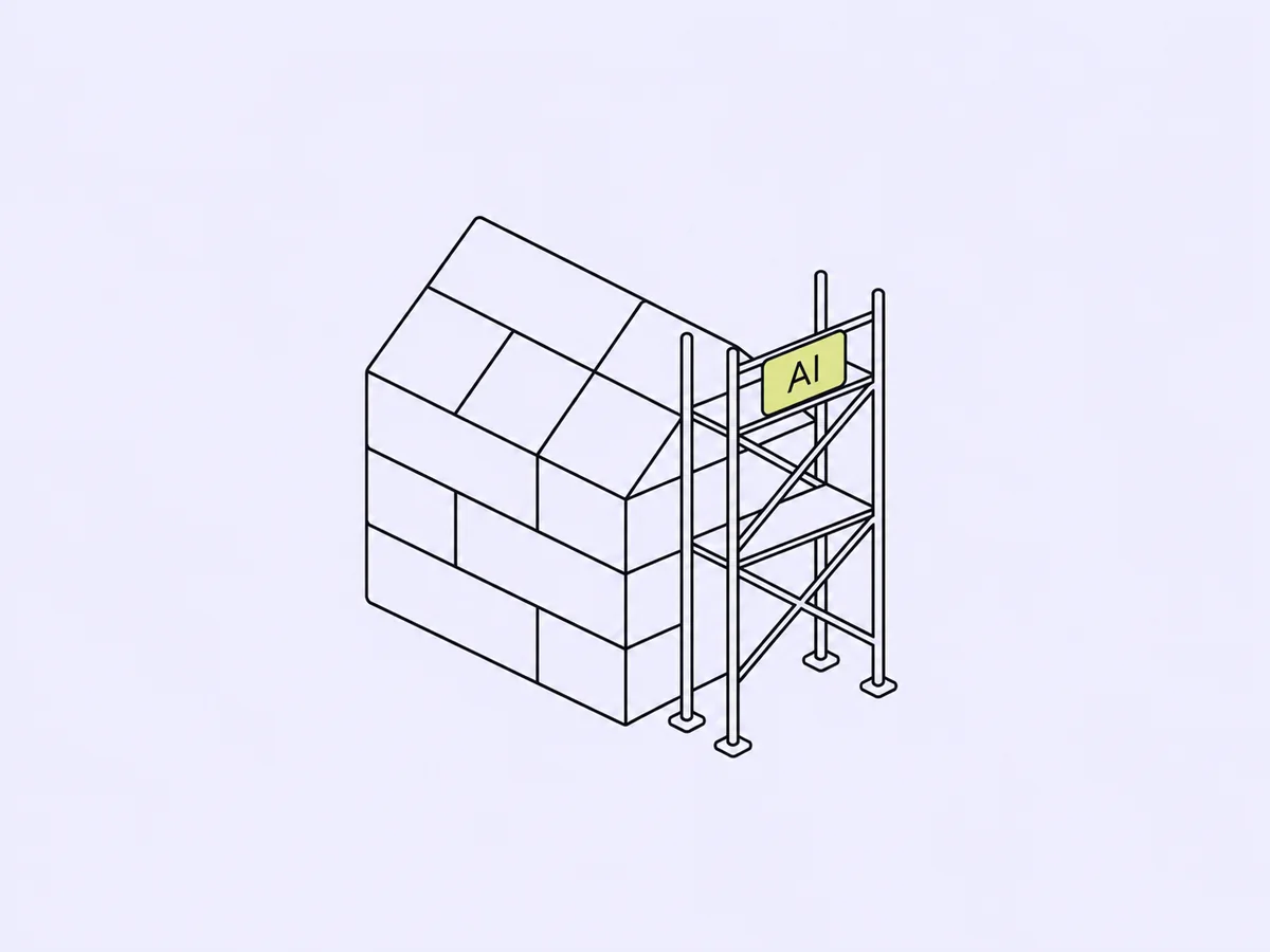 Editorial illustration of AI scaffolding supporting a structure under construction