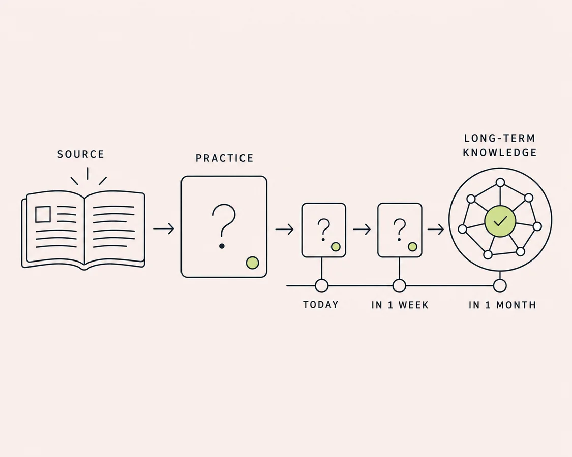 Editorial illustration showing source material becoming practice cards and long-term knowledge over spaced reviews