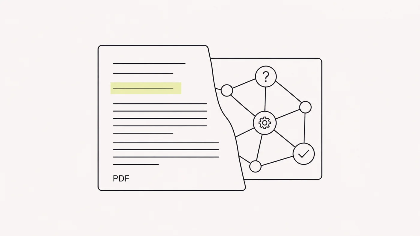 Editorial illustration of a PDF beside a connected knowledge map, representing a route through a research paper