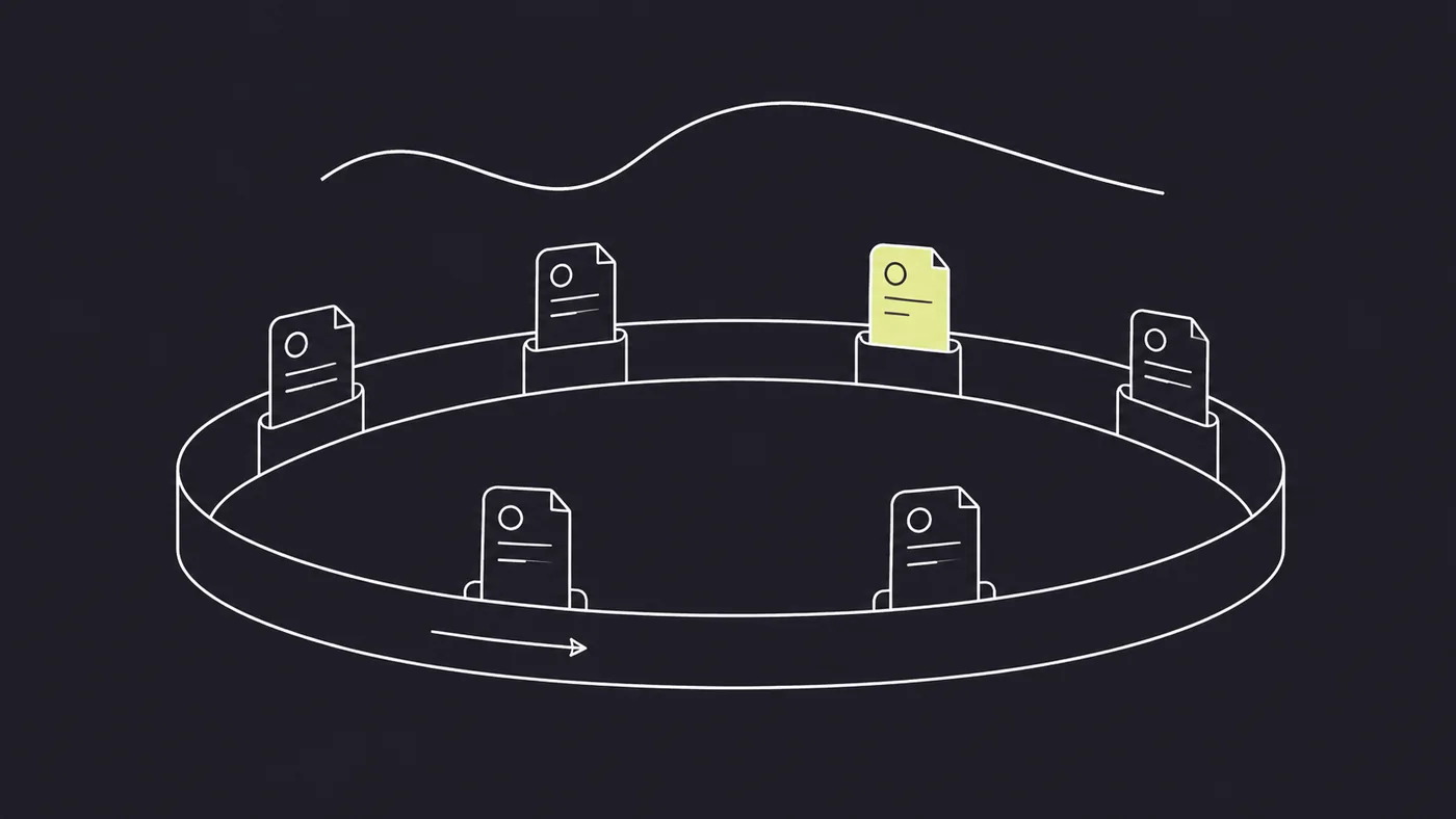 Editorial illustration of flashcards rotating through a spaced repetition loop, with one card highlighted